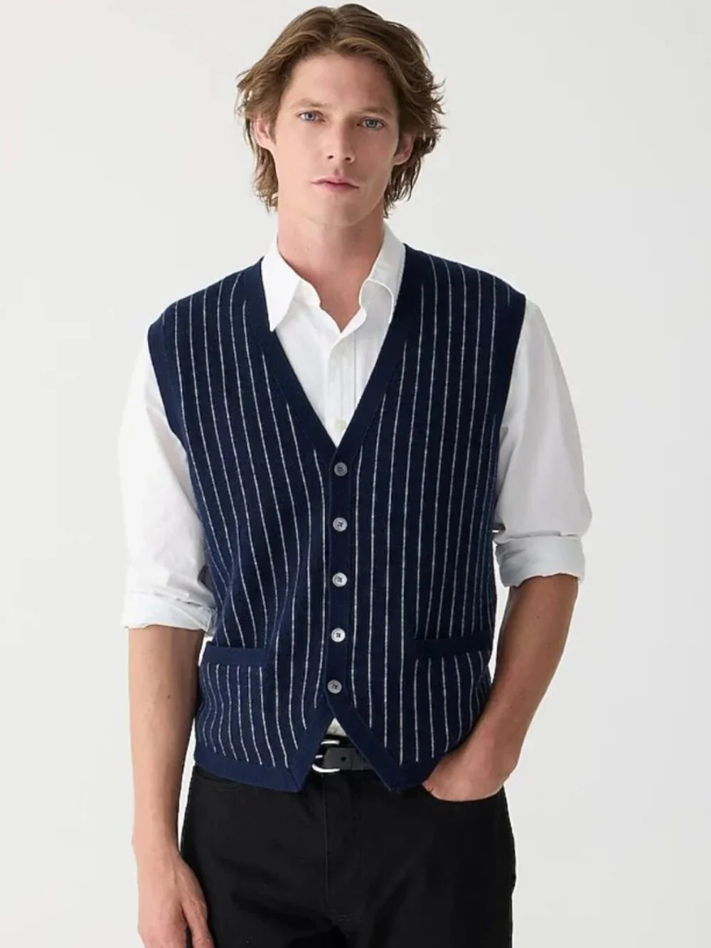 Cashmere-blend cardigan sweater-vest in pinstripe